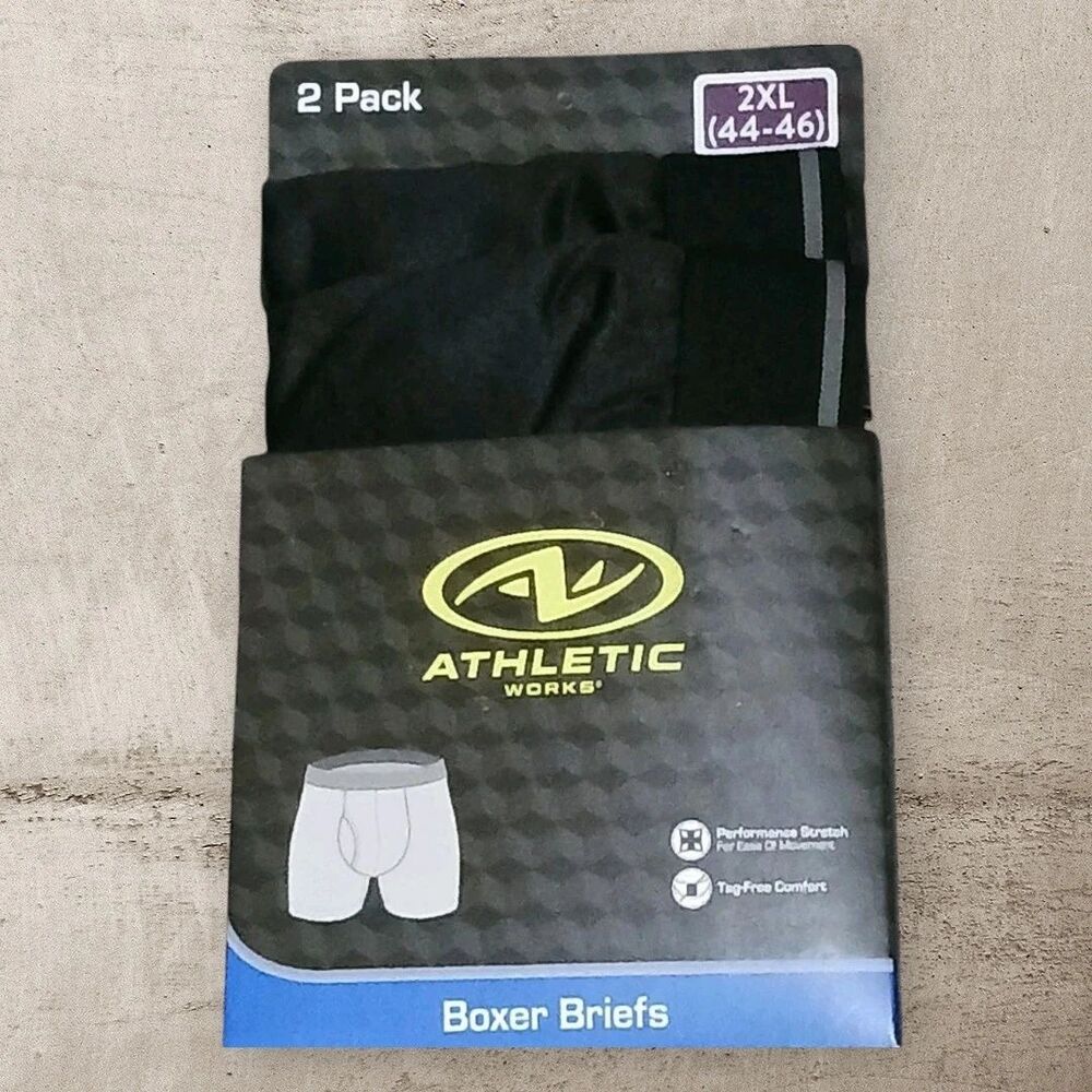 Athletic Works Men's 2XL (44-46) Black Performance Stretch Boxer Briefs 2 Pack